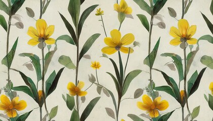 Fototapeta na wymiar seamless pattern of decorative plants with yellow flowers on a light background fresco mural wallpaper for interior printing