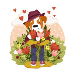 Happy dog with bouquet of flowers. Vector illustration