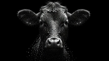  a black and white photo of a cow's face with a lot of small dots on it's face and it's ears, with a black background.