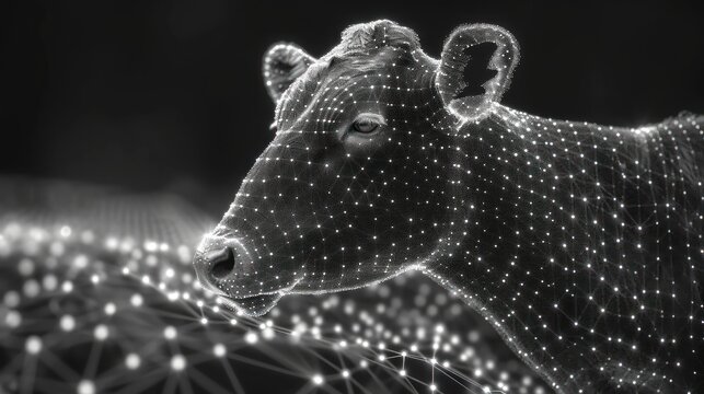  a black and white photo of a cow's head with a string of lights in the shape of a cow's head on a black and white background.