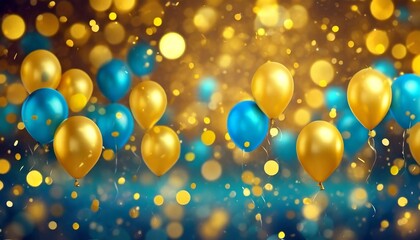 Fototapeta na wymiar realistic festive background with golden and blue balloons falling confetti blurry background and a bokeh lights 