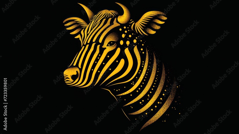 Aufkleber a close up of a zebra's head on a black background with a yellow and black pattern on the zebra's he