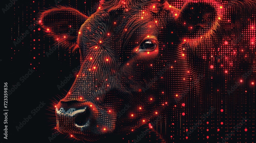 Poster a close up of a cow's face on a black background with red and orange dots around it and a red dot in