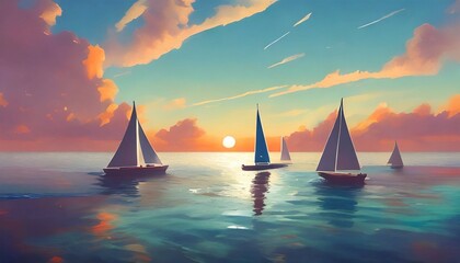 cosmic gradient ocean with sailboats cloudy atmosphere pc desktop wallpaper background ai generated - obrazy, fototapety, plakaty