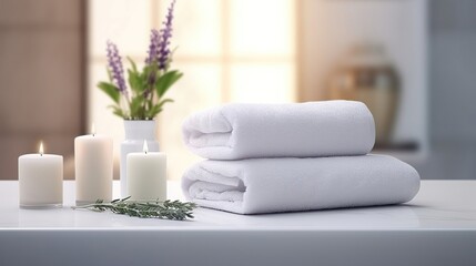 A composition of spa accessories for massage and body care, towels, candles in the beauty wellness center. The concept of body care, massage, spa treatments