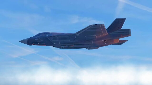 A close-up view of an unbranded military fighter jet executing precise maneuvers as it flies above the clouds- seamless looping.