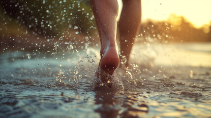 Close up photo of a man's feet stepping on water, water splashing, short exposure, shallow depth of field - Powered by Adobe