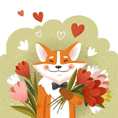 Happy fox with bouquet of flowers. Vector illustration