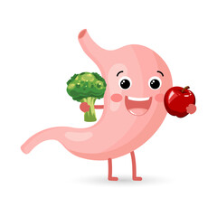 Strong healthy happy stomach with broccoli and avocado. Flat cartoon illustration icon design. Digestive tract, healthy eating, stomach concept.