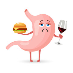 Unhealthy human stomach character is holding burger and alcohol. Food, stomach pain. Anatomy of the digestive system. Vector in flat style