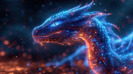  a close up of a blue and orange dragon on a black and blue background with small dots of light coming out of it's eyes and the top part of it's head. - obrazy, fototapety, plakaty