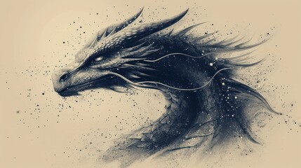  a black and white drawing of a dragon's head with splots of paint on it's body and wings, with a splots of water on its face.