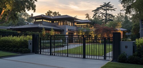 A stylish house in a glossy charcoal grey, beside a minimalist backyard. The wrought iron gate is a showcase of contemporary artistry, under the soft hues of dawn