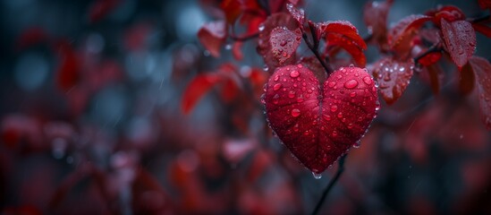 shrub with red heart shaped leaf in the rain.