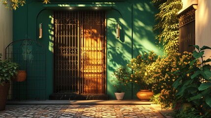 A trendy house in a deep emerald green, with a small, refined backyard. The wrought iron gate...