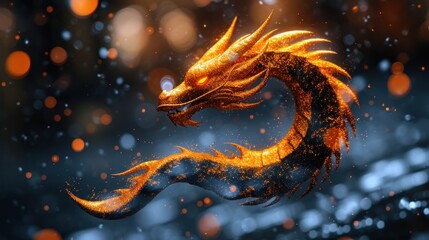  a close up of a yellow and black dragon on a black and blue background with snow flakes in the foreground and a blurry boke of lights in the background.