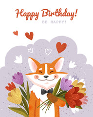 Happy Birthday Card with happy fox and flowers, hearts