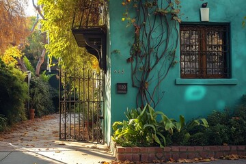 A trendy house in a deep sea green, next to a small, refined backyard. Its wrought iron gate...