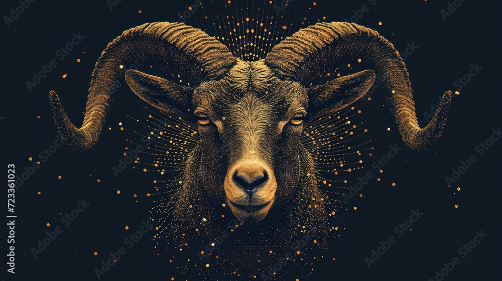 Poster a close up of a goat's head on a black background with gold dots in the shape of a star and dots in 