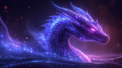  a blue and purple dragon sitting on top of a body of water with stars all over it's body and a sky filled with stars in the back ground.