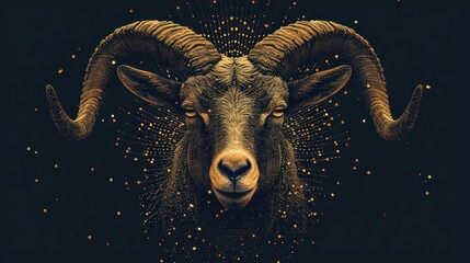  a close up of a goat's head on a black background with gold dots in the shape of a star and dots in the shape of a circle around the goat's head.