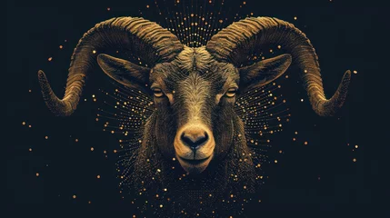 Poster  a close up of a goat's head on a black background with gold dots in the shape of a star and dots in the shape of a circle around the goat's head. © Nadia