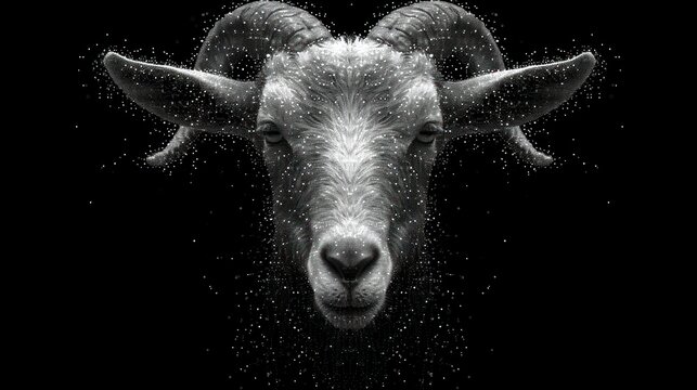  a black and white photo of a goat's head with a lot of bubbles on it's face and it's horns that look like it's floating in the air.