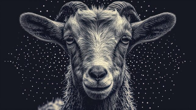  a black and white photo of a goat's face with stars in the sky in the background and a black and white photo of a goat's head in the foreground.