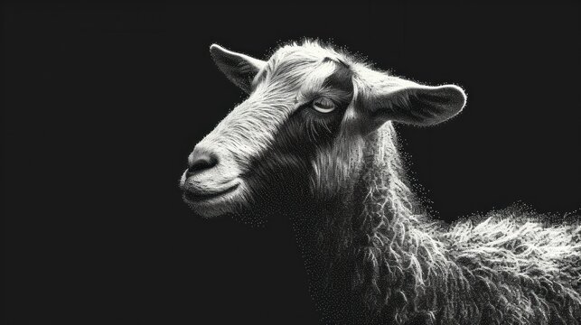  a black and white photo of a sheep's head with long wool on it's back and ears, looking straight ahead, with a black background of a black background.