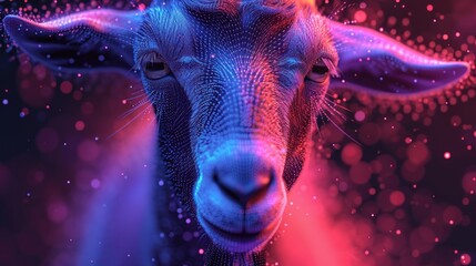 Obraz na płótnie Canvas a close up of a goat's face on a purple and blue background with a red and blue light coming out of the top of the goat's head.