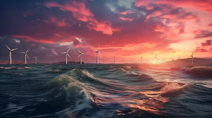Fototapeten Offshore Windpark im Sonnenuntergang im stürmischen Meer, Nachhaltige Stromerzeugung, Energiegewinnung © GreenOptix