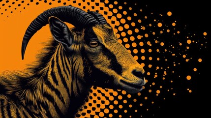  a close up of a goat's head on an orange and black background with dots in the shape