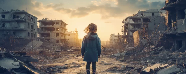 Foto op Canvas Lonely child standing in a destroyed city during the war. Concept of a humanitarian and demographic catastrophe. © LeManna