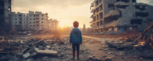 Foto op Canvas Lonely child standing in a destroyed city during the war. Concept of a humanitarian and demographic catastrophe. © LeManna