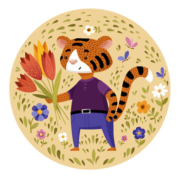 Smiling tiger with tulips in flower meadow