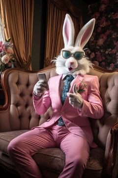 Easter bunny selfie photography. Funny image of rabbit in elegant suit with smartphone. Concept: Easter holidays, spring, greeting card.