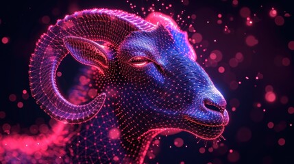  a ram is depicted in the form of a network of lines and dots in the shape of a human head on a dark background of red and pink and blue circles.