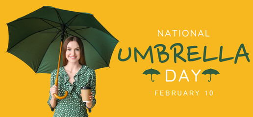 Beautiful woman with umbrella and cup of coffee on color background - obrazy, fototapety, plakaty