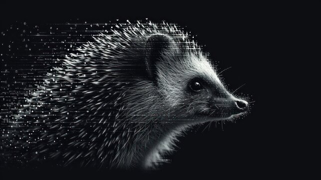  a black and white photo of a porcupine's face with a digital pattern on the side of the image of the animal's face and the animal's head.