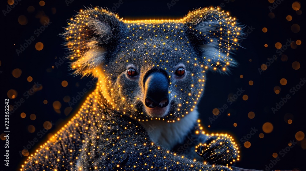 Poster  a close up of a koala with lights on it's face and a black background with circles of lights on it's back and a dark background.