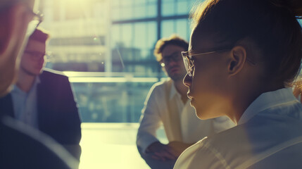 Close-up of managers discussing company projects at a meeting, backlit bright light, modern office