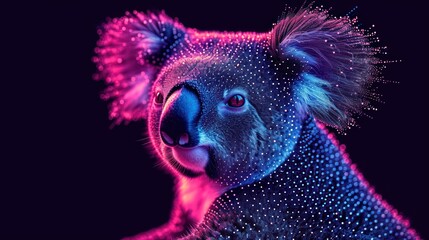  a close up of a koala bear on a black background with pink and blue lights on it's face and neck, with a black background with white dots. - obrazy, fototapety, plakaty