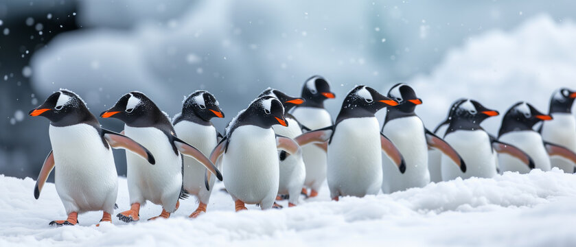 A Parade of Penguins in a Snowy Realm: Capturing the Graceful Movement of Nature's Tuxedoed Birds