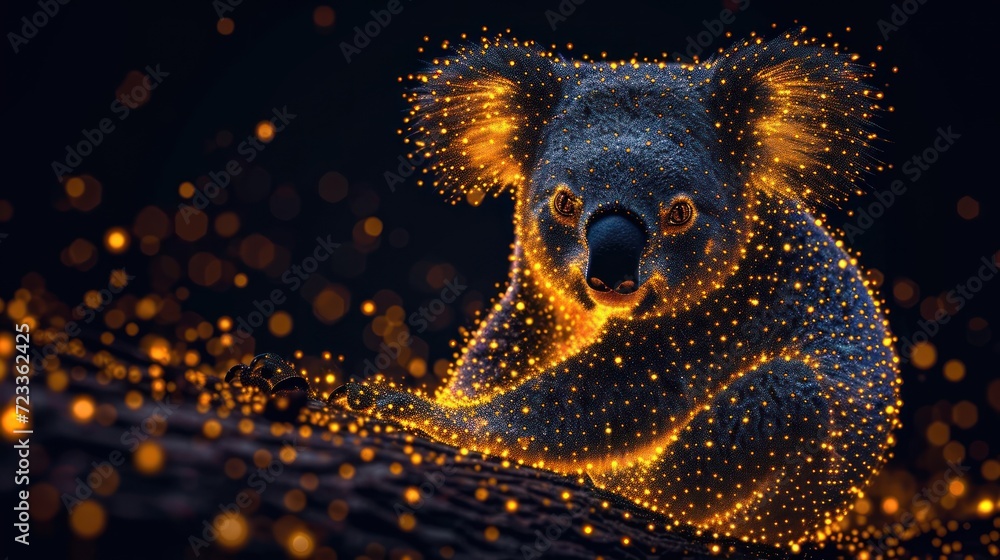 Poster a close up of a koala on a branch with a blurry background and boke of lights in the foreground and 