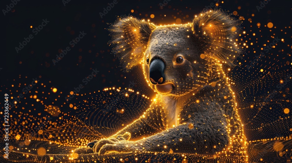 Poster  a digital painting of a koala holding a string of lights in front of it's face and a string of lights in front of it's mouth.