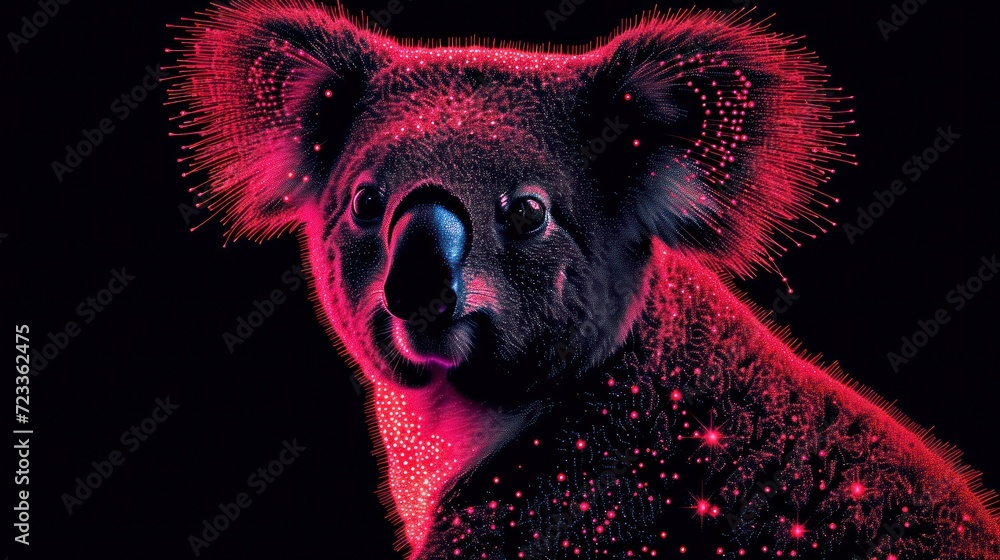 Poster a close up of a koala's face on a black background with red and pink lights in the foreground and a 