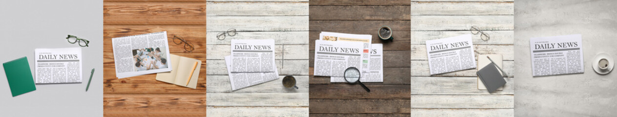 Collage of newspapers with eyeglasses, magnifier, cups of coffee and stationery, top view