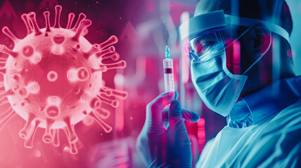A doctor is holding a syringe with the backdrop of the COVID virus.
