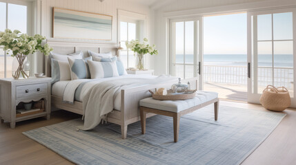 Serenity of a coastal bedroom with a faded Turkish rug