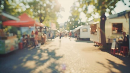 Obraz premium Generative AI, Food truck street festival on the morning, blurred background, atmospheric bokeh, muted colors 